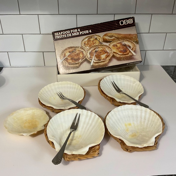 VTG Seafood for 4 shells scallop set rattan coasters forks for 4 - Picture 3 of 8